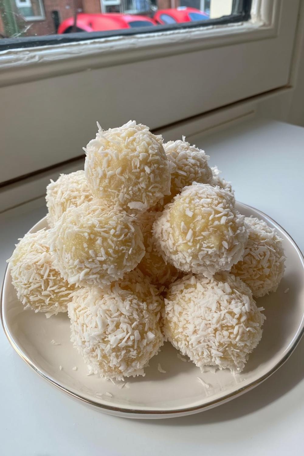 Vita kokosbollar på tallrik