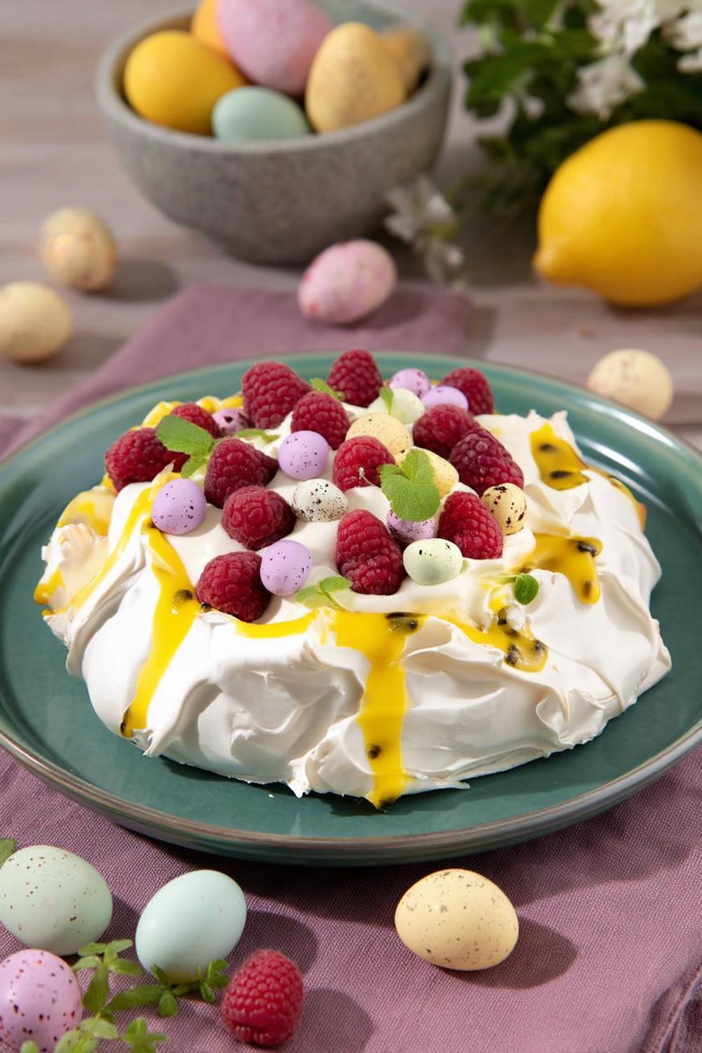 Färgglad pavlova med bär