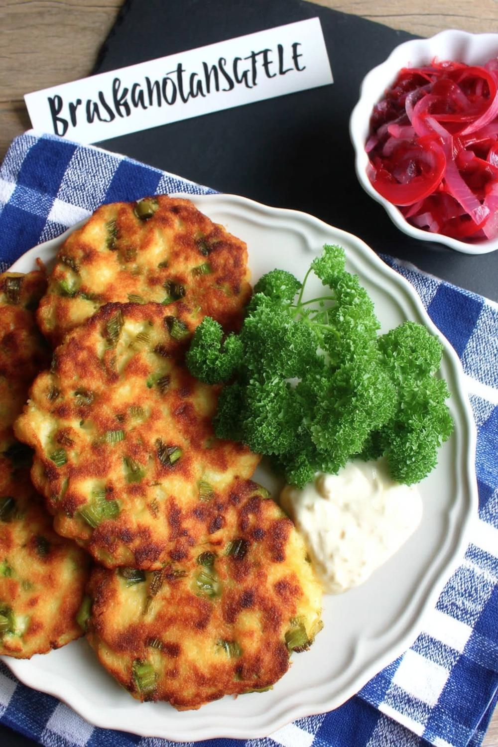 Gyllene blomkålsfrikadeller med broccoli