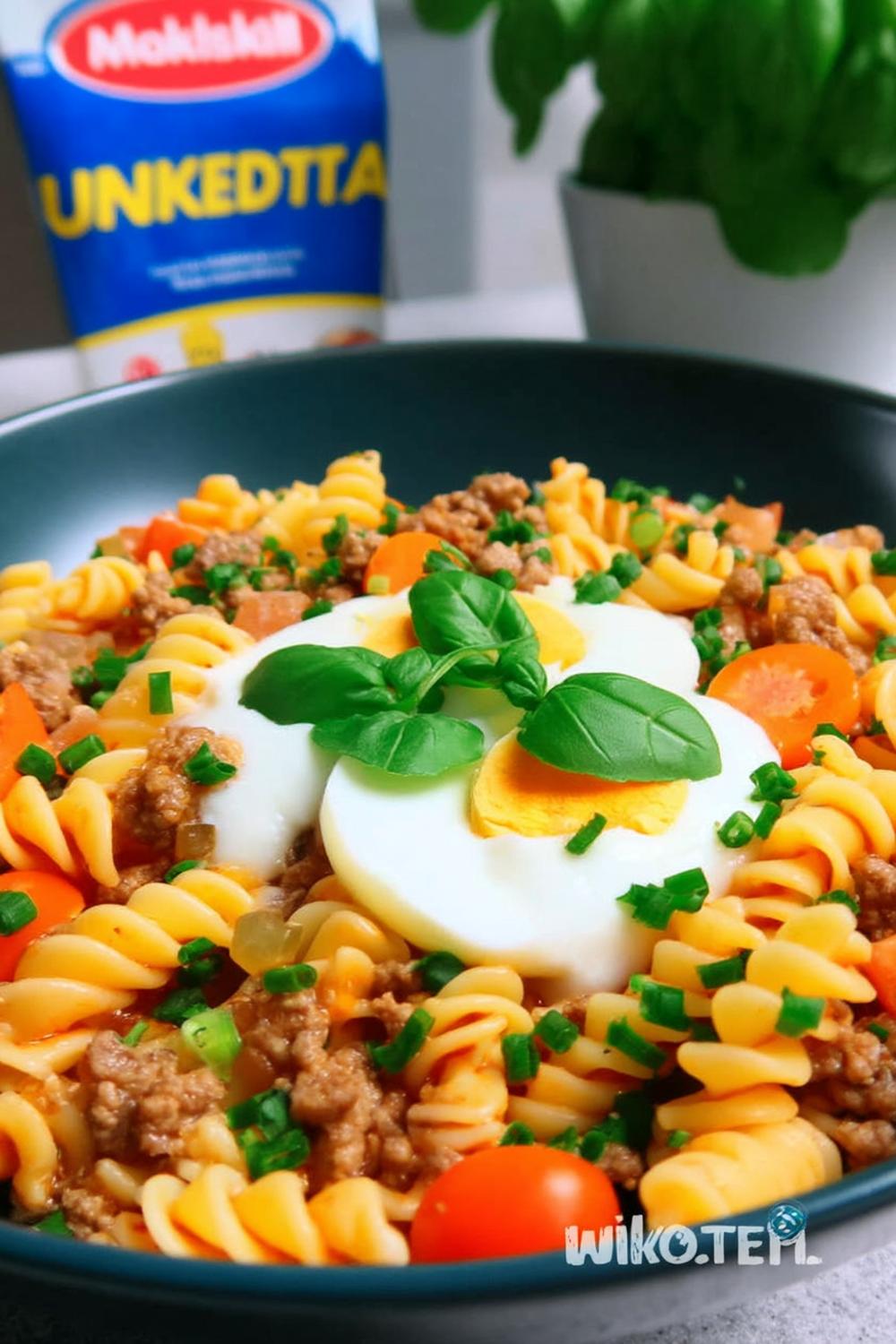 Färgglad pastasallad med ägg