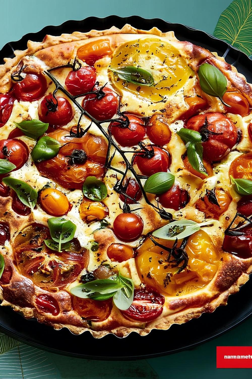 Färgglad tomatpaj med basilika